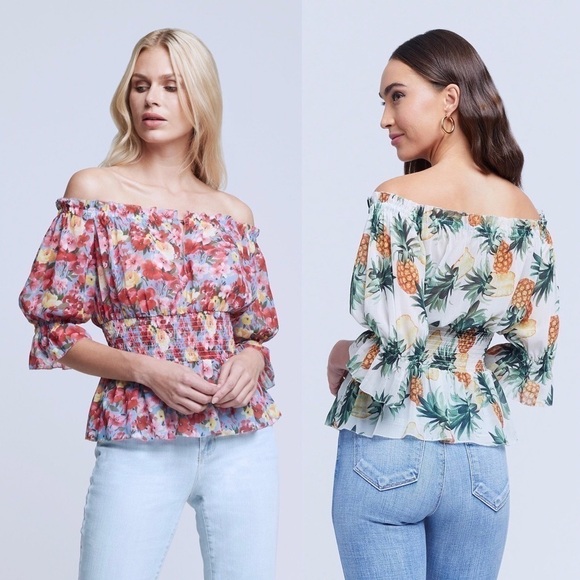 NWT L’AGENCE 70s Off Shoulder Snake Print Smock Waist Ruffle Trim Chiffon Top XS - Picture 3 of 9